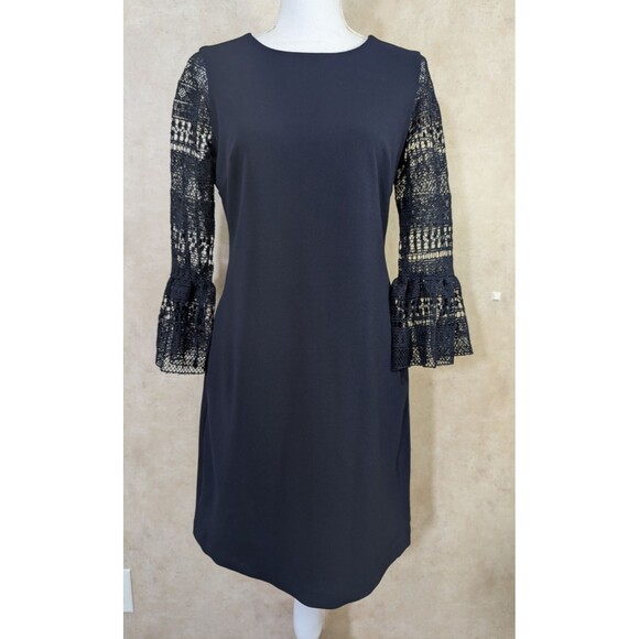 Donna Ricco New York Sheath Dress Womens 6 Blue Lace Bell Sleeve Preppy Knit - Picture 2 of 12